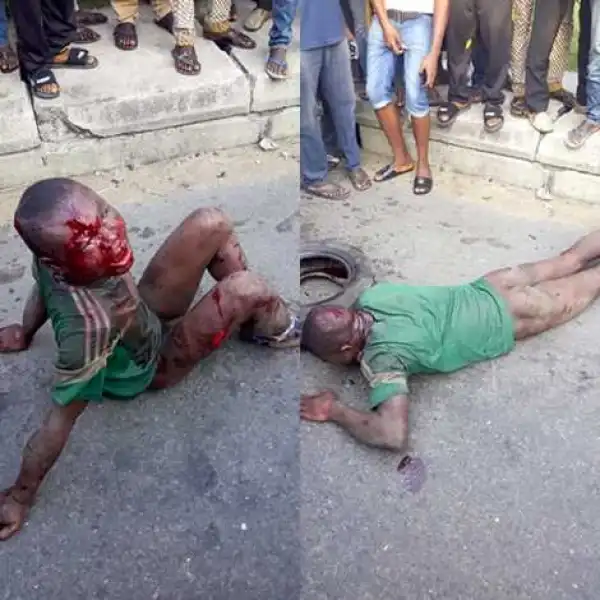 Barbaric, Inhumane & More: Phone Thief Stripped, Beaten to Pulp & Burnt to Death in Lagos (Graphic Photos)